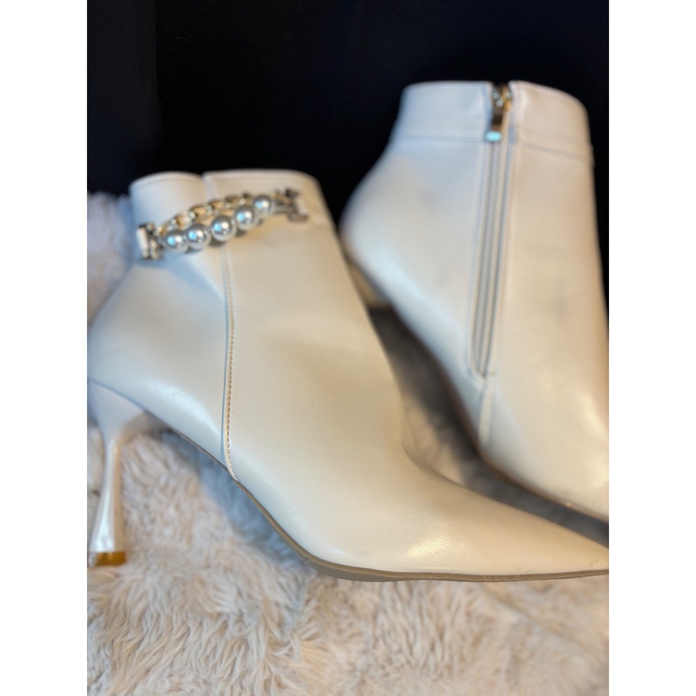 Cream Faux Leather Pearl Chain Ankle Boots Pointed Toe Stiletto Heel Size 39